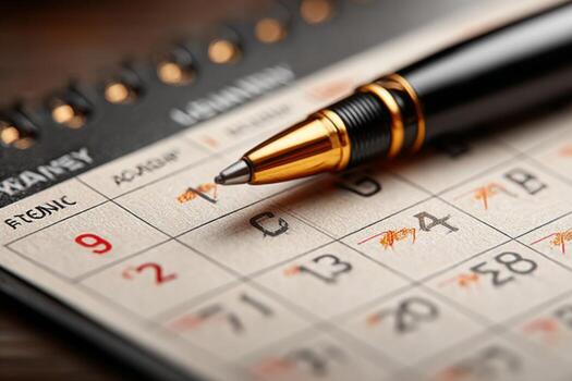 Calendar with pen on top of it photo