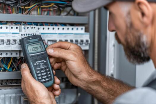 A man is using a digital meter to check the electrical panel photo