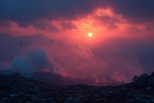 A sunset over a garbage dump photo
