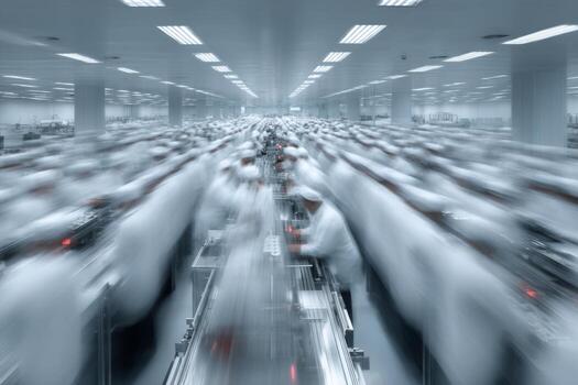 A blurry image of a factory with many people photo