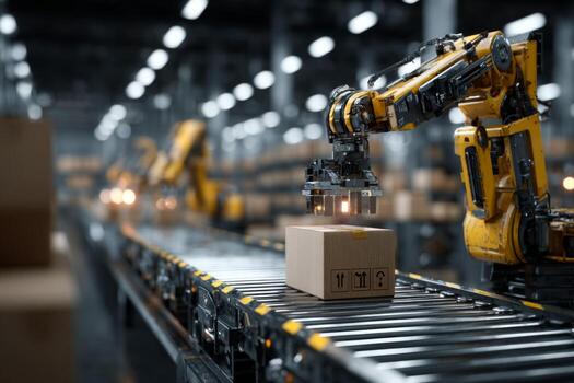 Robots moving boxes on a conveyor belt in a warehouse photo