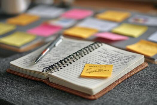 A notebook with sticky notes and a pen on a desk photo