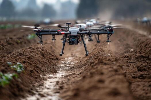 A drone is flying over a field of dirt photo