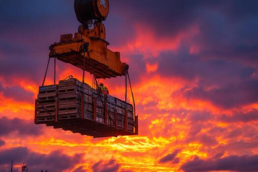 A crane lifting a crate with a sunset in the background photo