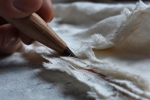 A person is using a pencil to draw on a piece of fabric photo
