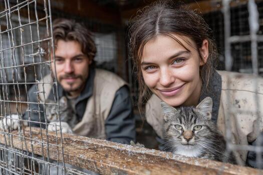 A man and woman are smiling behind a fence with a cat photo