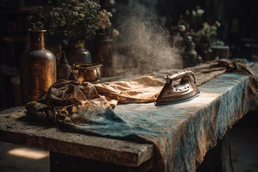 An iron on a table with a cloth and some dust photo