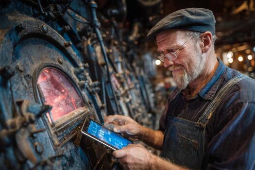 A man in an apron is using a tablet computer photo