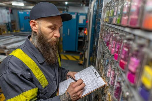 A man with a beard and a clipboard is writing on a clipboard photo