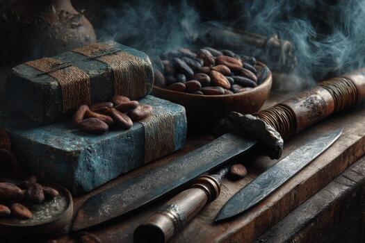 A knife, a wooden box and some nuts on a table photo