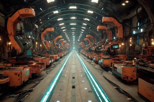 un largo línea de robots en un fábrica foto