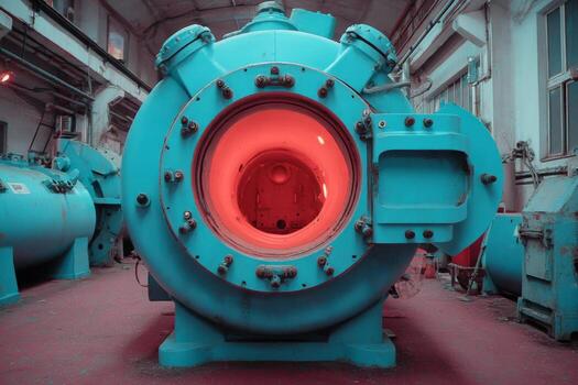 A large blue machine with a red light photo