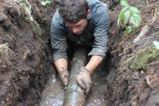 A man is digging a pipe in the mud photo