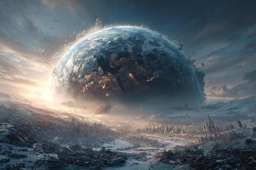 An alien planet with a large sphere in the middle of it photo