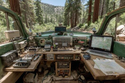 un antiguo camión con un computadora y otro electrónica en el bosque foto