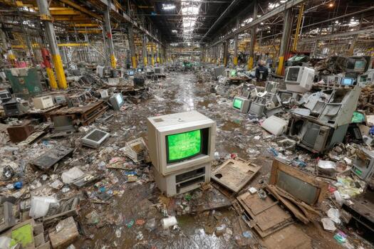 A computer monitor is surrounded by a pile of trash photo