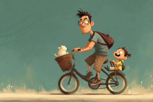 A man and his son riding a bicycle with a basket photo