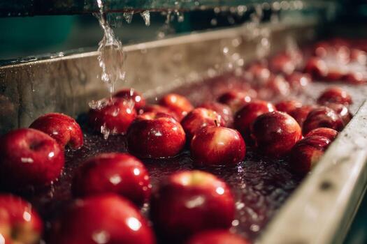 Apples being washed in a machine photo