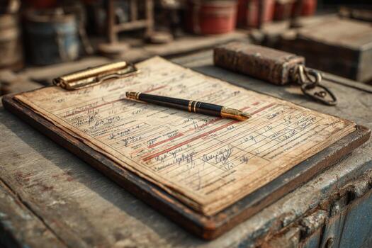 A pen and a clipboard on a wooden table photo