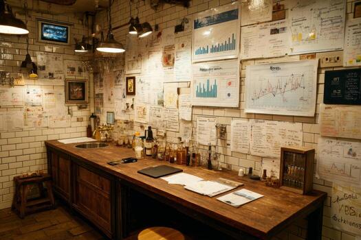 A wooden table with a desk and a bunch of papers photo