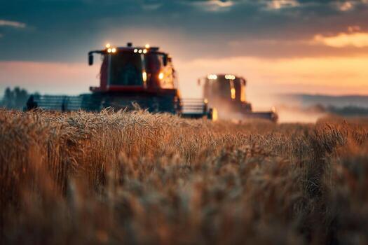 Two combine harvesters in a wheat field at sunset photo