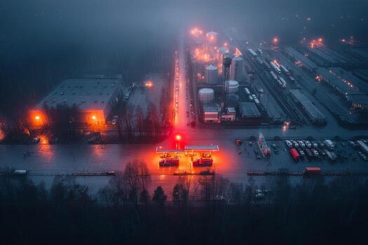 un aéreo ver de un fábrica a noche foto