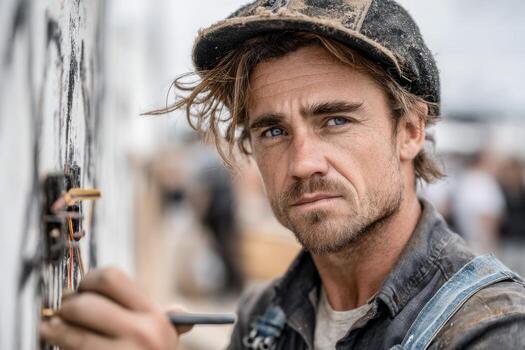 A man with a cap and overalls is painting a wall photo