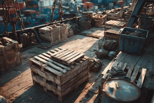 An old wooden deck with crates and other items photo