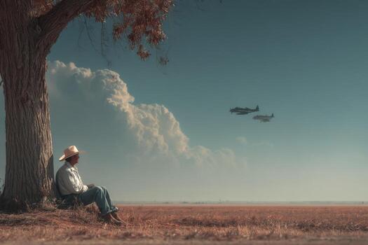 A man sitting under a tree with a plane flying over him photo