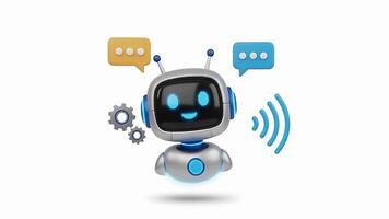 fofa robô conversando com discurso bolhas e engrenagens animação video