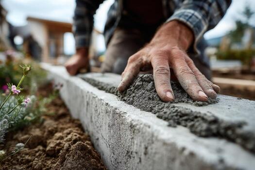 A man is using a cement block to build a garden photo