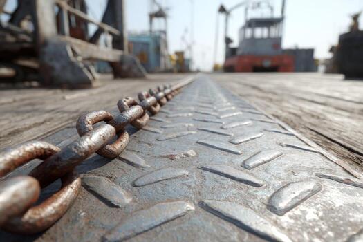A chain is attached to a metal plate on a dock photo