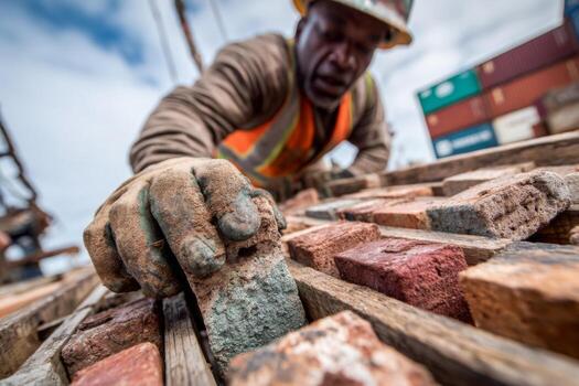 A construction worker is working on bricks photo