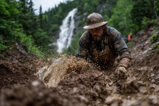 A man in a hard hat is digging mud photo