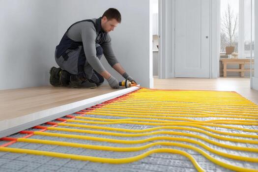 A man installing a heating system on a floor photo