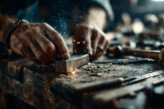 A man is working on a piece of wood with a hammer photo