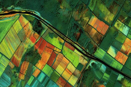 An aerial view of a field with green and orange colors photo