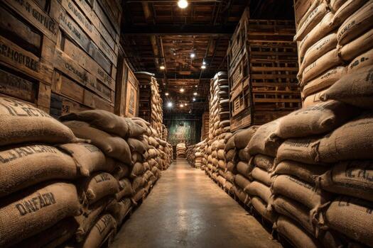 A long hallway with sacks of coffee in it photo