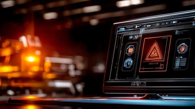 High-tech monitor displaying alert system in a futuristic industrial workspace with glowing elements photo