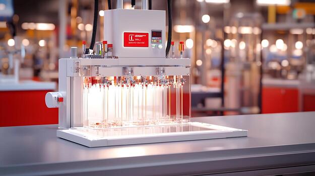 Laboratory equipment performing automated tests with illuminated sample tubes in a modern lab photo