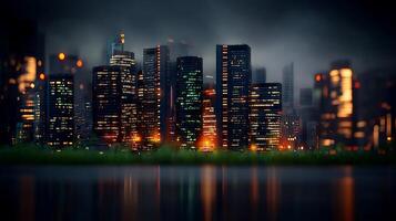 noche ver de un vibrante ciudad horizonte con iluminado edificios reflejando en agua foto