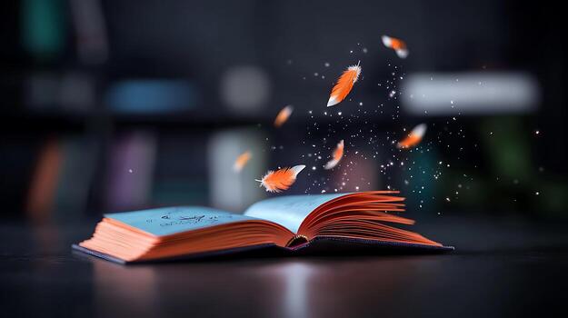 Open book with vibrant feathers floating above it, set against a blurred library backdrop photo