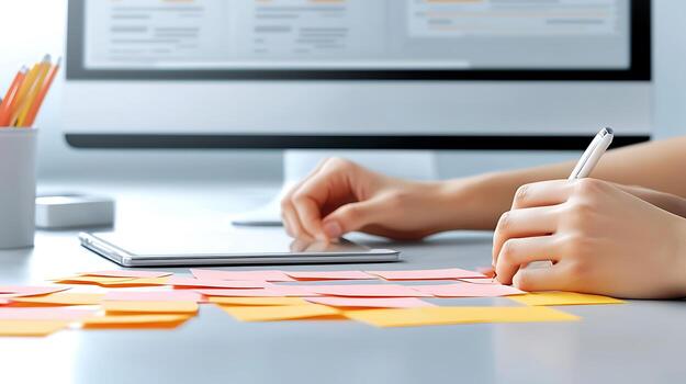 Person organizing sticky notes on a desk with a tablet and computer in a bright workspace photo