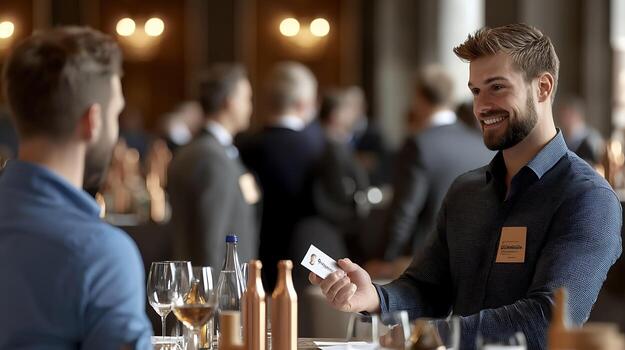 Professional men engaging in conversation at a formal event, with guests networking in the background photo