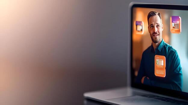 Professional man smiling on laptop screen with colorful app icons in a modern workspace setting photo