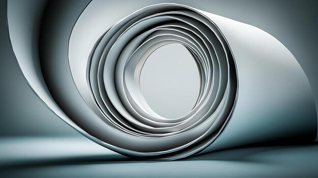 Rolled white paper sheets creating a circular tunnel effect with soft lighting in the background photo