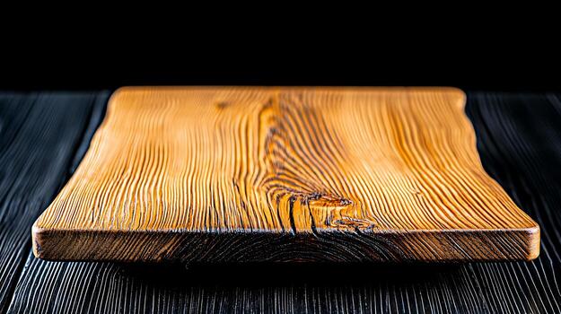 Rustic wooden cutting board with intricate grain patterns, set against a dark background, ideal for culinary use photo