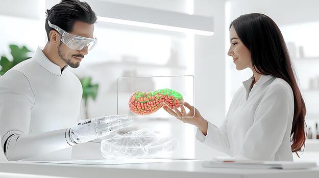 Scientist and humanoid robot collaborate in a futuristic lab, showcasing advanced technology and innovation photo