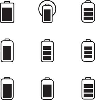 Battery charge level indicator icon set for app UI design. Collection of signs for power status. Low, medium, full, and charging battery symbol for mobile device. vector
