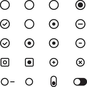 UI toggle icon set. 20 minimal black and white interface symbols. . vector